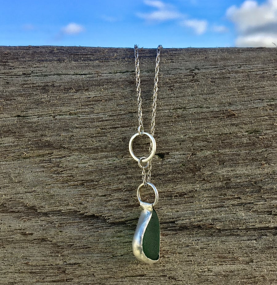 Green Sea Glass Necklace with Silver Circle 