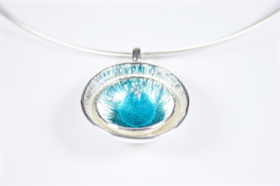 Handmade Textured Silver Statement Necklace with Turquoise Felt Bead