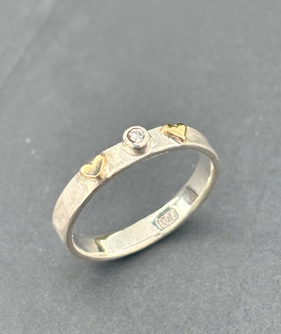 Diamond Ring, gold hearts ring, hammered silver ring, gift for her, valentines, 