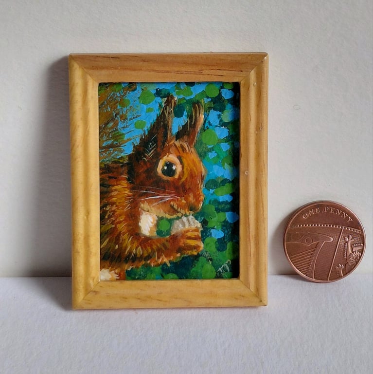 Red Squirrel and the Walnut Miniature Oil Painting
