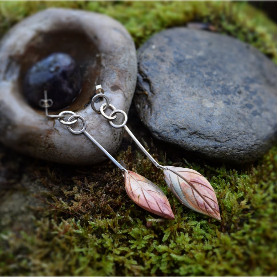Sterling Silver and Picasso Jasper Leaf Earrings