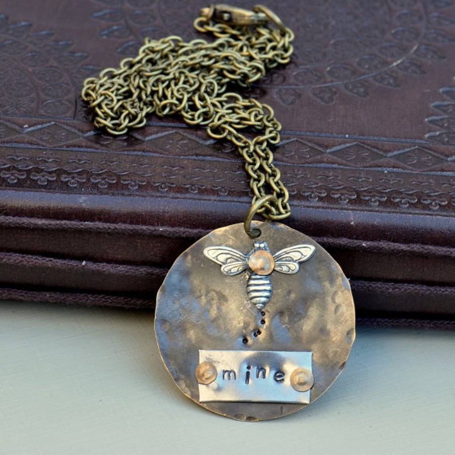 Bee Mine Hand Stamped & Riveted Vintaj Brass Pendant Necklace