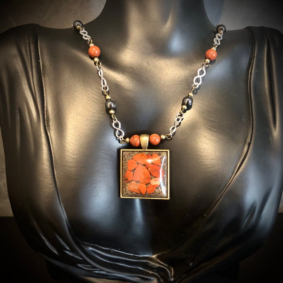 Red Jasper Square Infinity Pendant (with Red Jasper & Hematite beading)