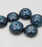 6 Small Petrol Blue Half-round Ceramic Flower Beads - Image 1