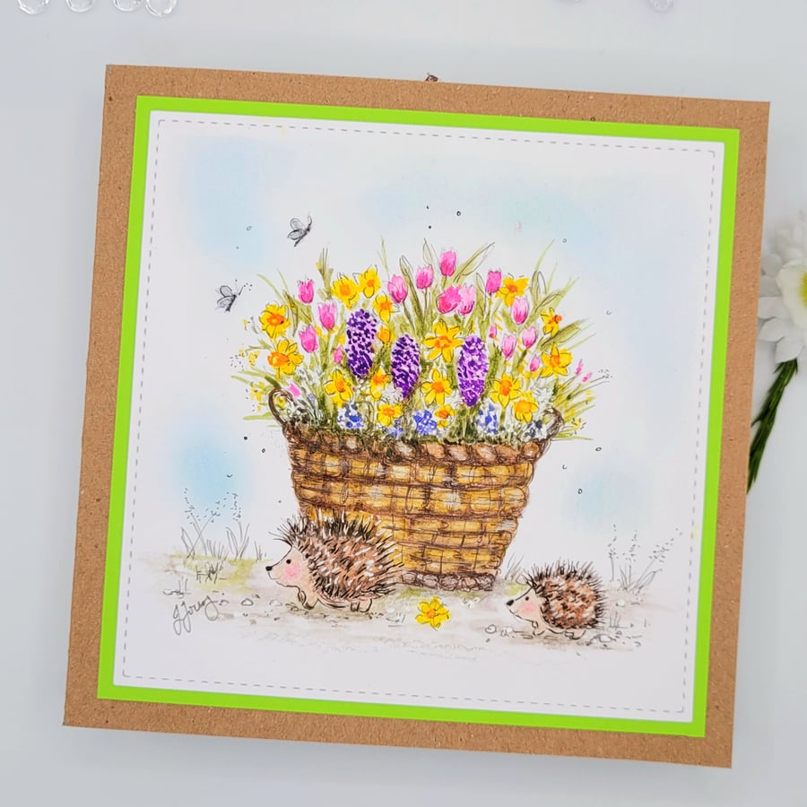 Mother's Day Card - Spring Flowers - Hedgehogs - original handpainted card
