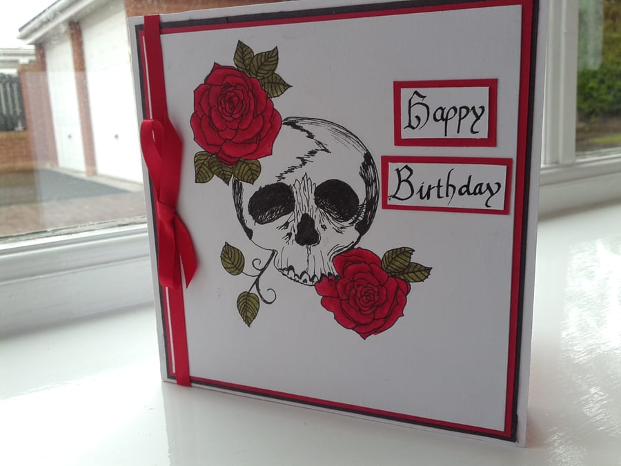 Goth skull and roses birthday card