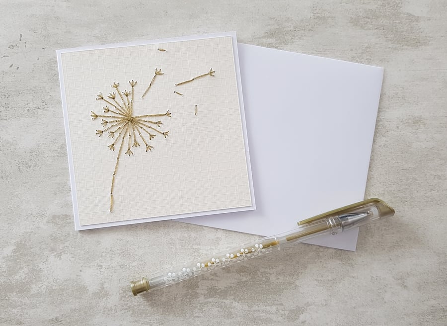 Hand Stitched Gold Dandelion Card
