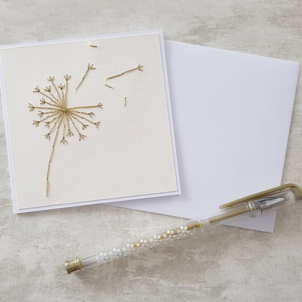 Dandelion Hand Stitched Gold Card, Sympathy Keepsake Card, Thinking of You Card