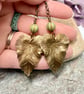 Sage green Czech glass and brass leaf pendant and earrings set, boho jewellery - Image 5