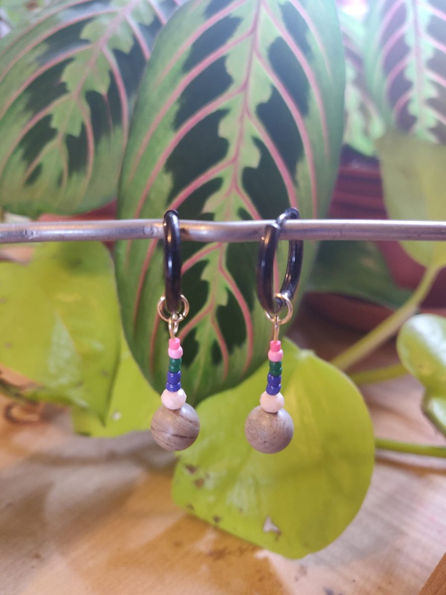 Funky bead earrings with black huggie hoops