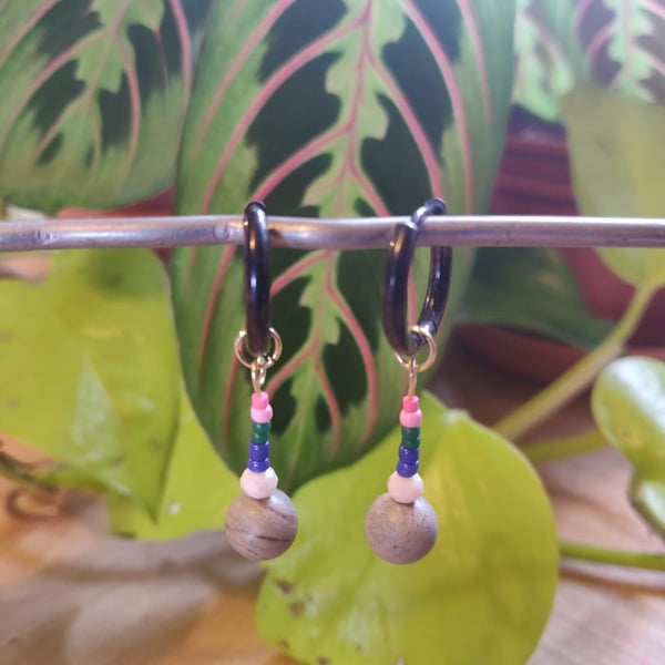 Funky bead earrings with black huggie hoops