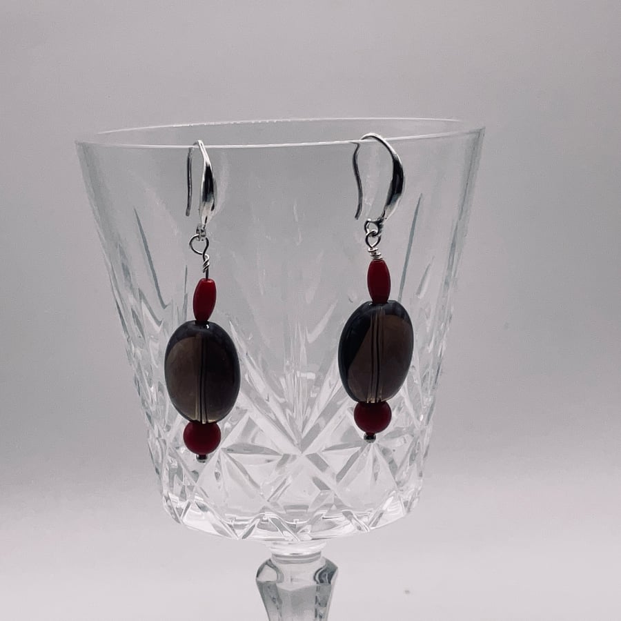Economy smokey quartz and dyed red coral earrings