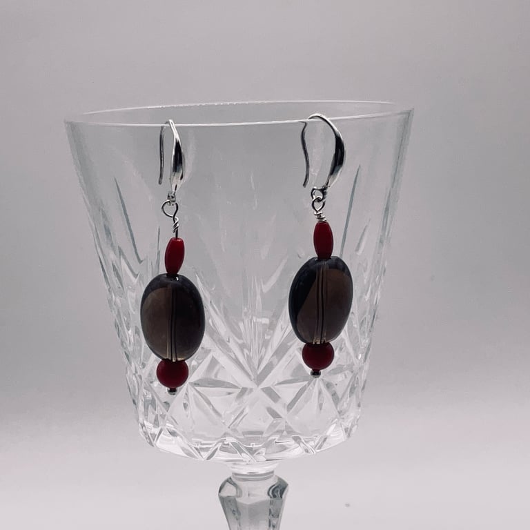 Economy smokey quartz and dyed red coral earrings