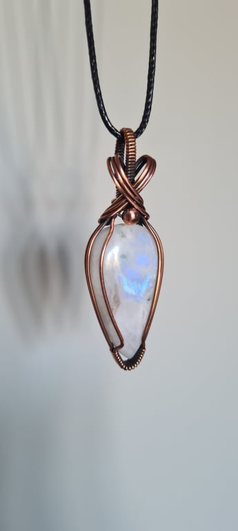 Natural Large Rainbow Moonstone & Copper Pendant Necklace Gift Crystal Jewellery