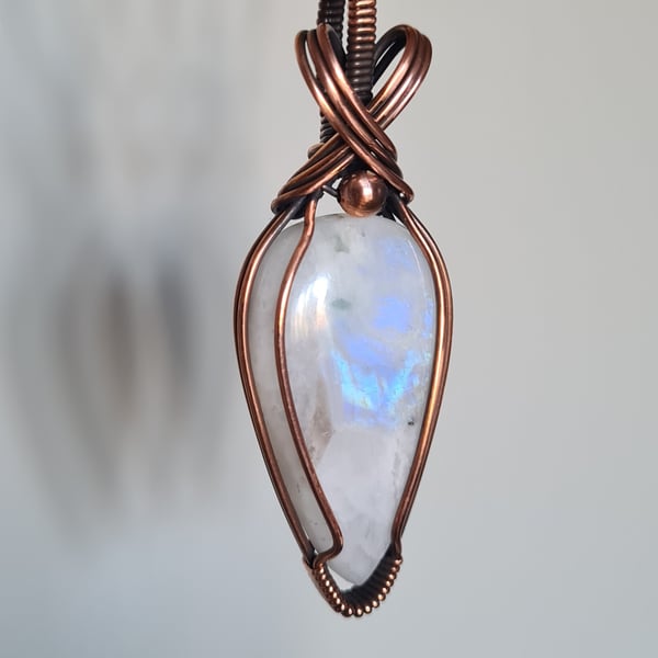 Natural Large Rainbow Moonstone & Copper Pendant Necklace Gift Crystal Jewellery