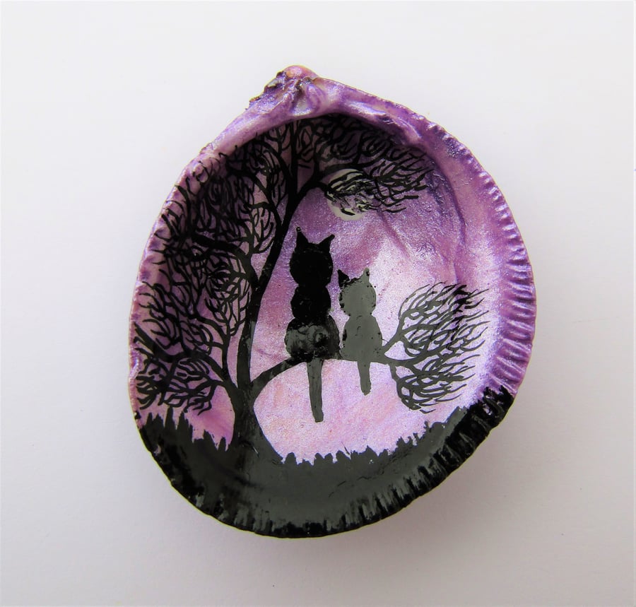 Painted Shell, Cat Tree Painting, Mother Daughter Gift, Hand Painted Kitten Moon