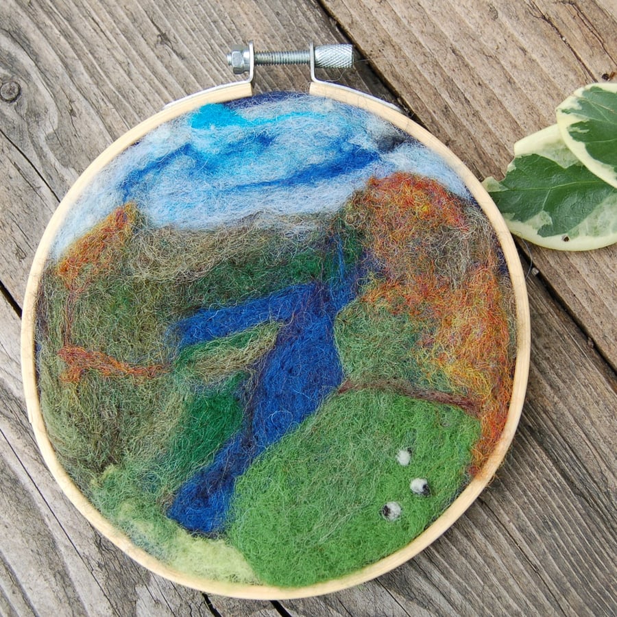 Lake District wool art picture in hoop frame, wool fabric, needle felted 