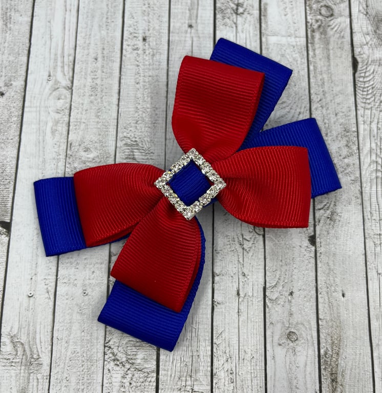 Cobalt Blue and Red Double Layer Bow on Clip