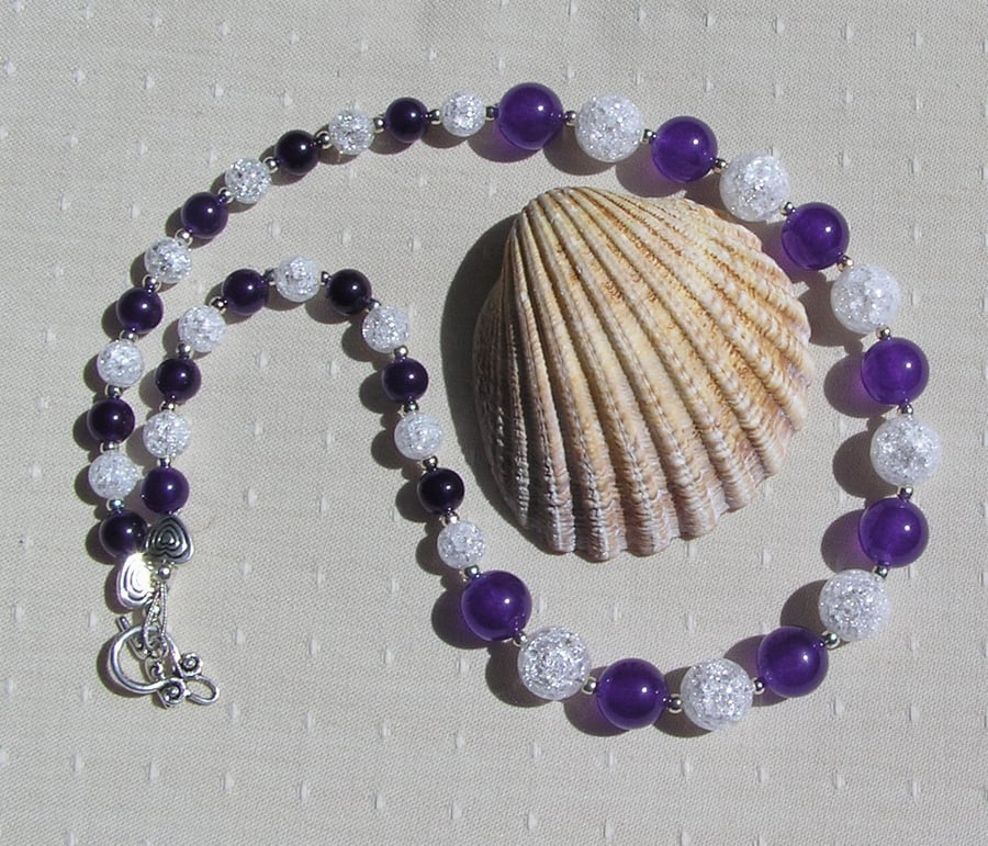 Purple Amethyst & Clear Quartz Gemstone Chakra Necklace "Violet Sparkle"