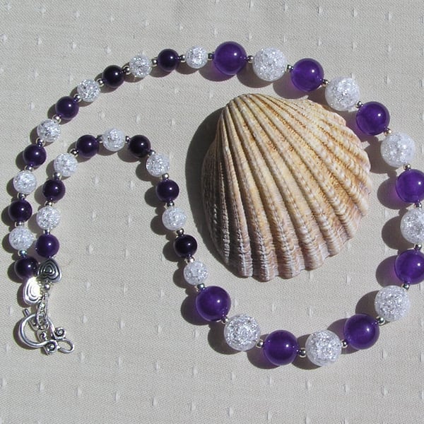 Purple Amethyst & Clear Quartz Gemstone Chakra Necklace "Violet Sparkle"