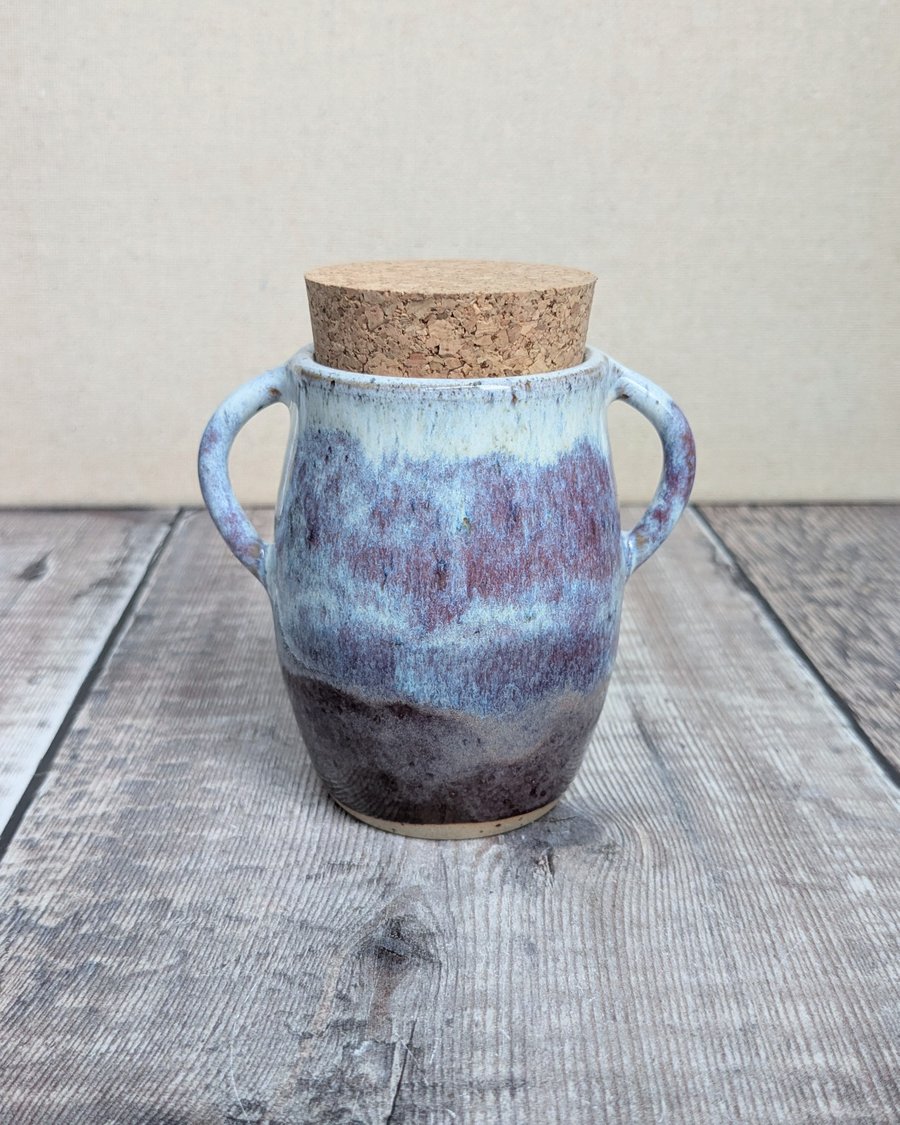 Perfectly imperfect Ceramic pot with cork lid, purple white