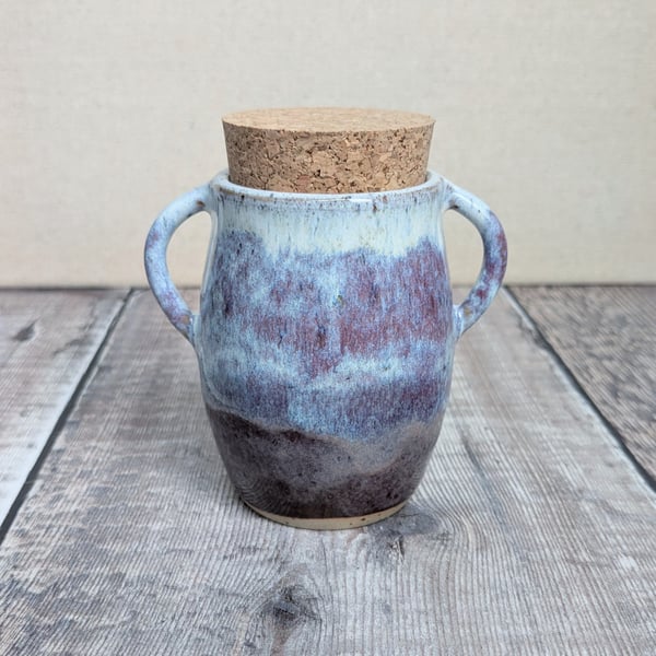 Perfectly imperfect Ceramic pot with cork lid, purple white