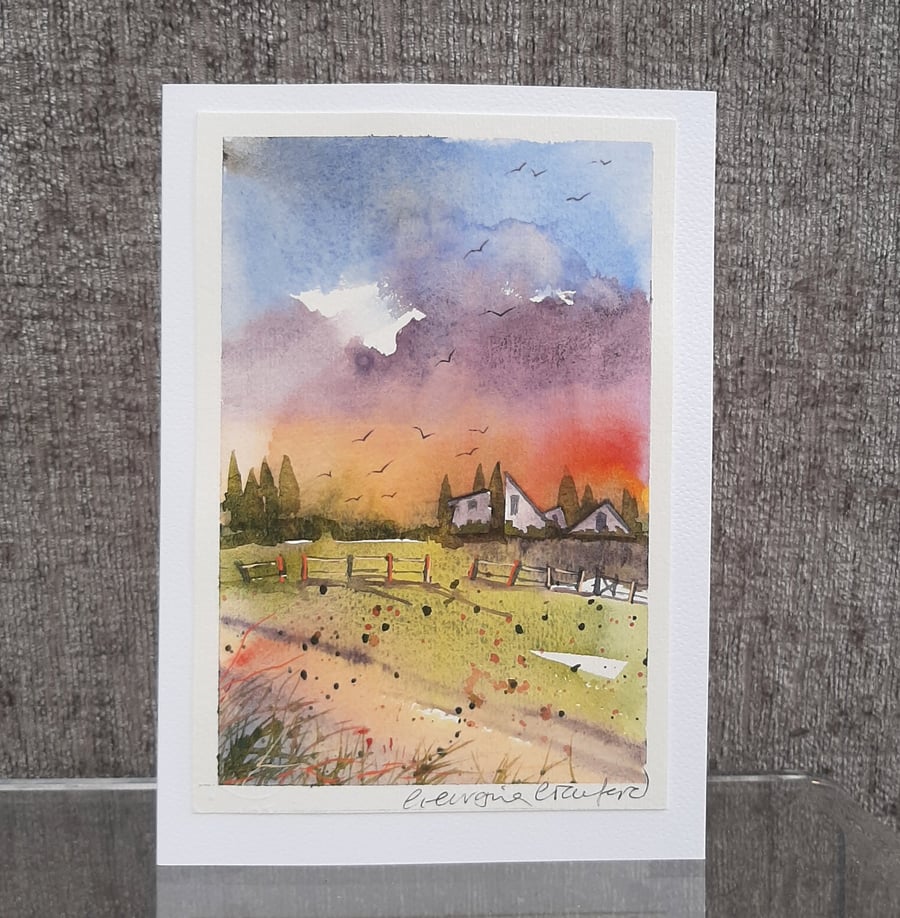 Village Life. Blank Card. Sunset Original Painting 260141