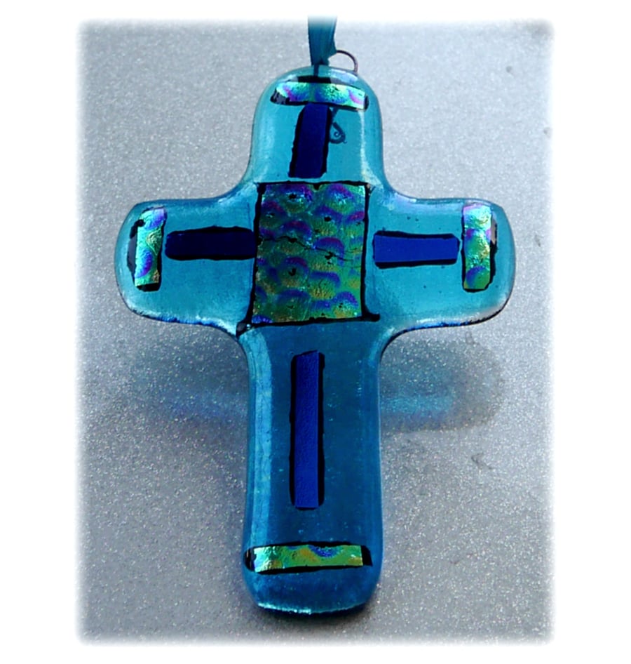 Cross Turquoise Fused Dichroic Glass Plump Suncatcher 