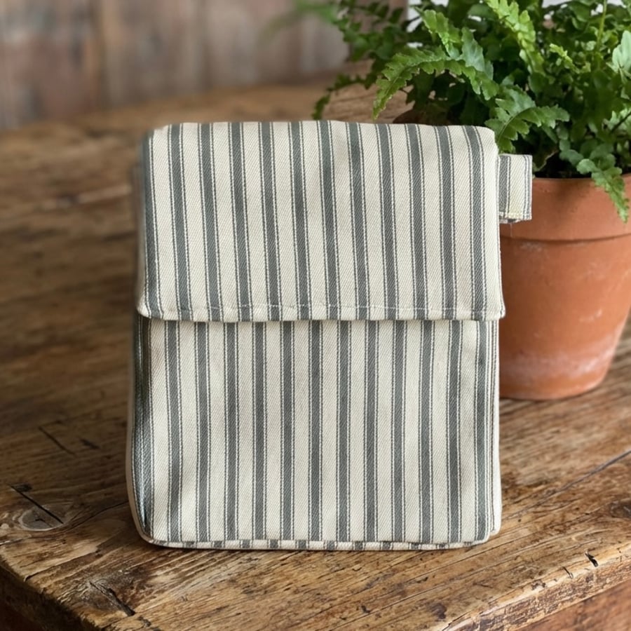 Olive Green and Cream Striped Handmade Insulated Lunchbag