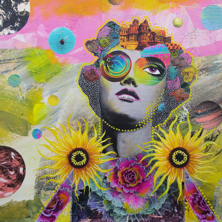 Psychedelic Cosmic Goddess Wall Art Mixed Media Surreal Portrait & Sunflowers