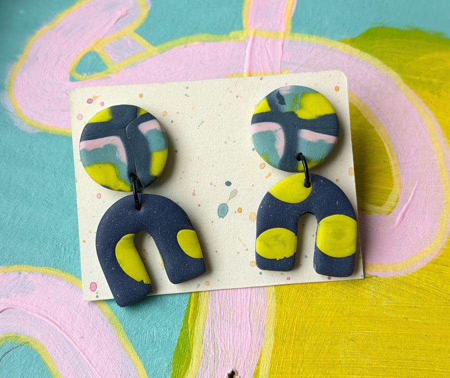 Mabled pink, blue and turquoise and yellow fimo earrings