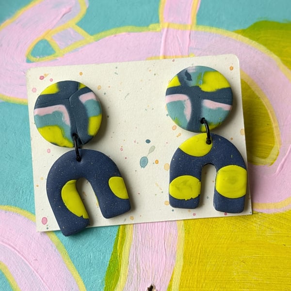 Mabled pink, blue and turquoise and yellow fimo earrings