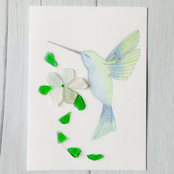Hand drawn ‘Hummingbird’ greeting card with Cornish sea glass 