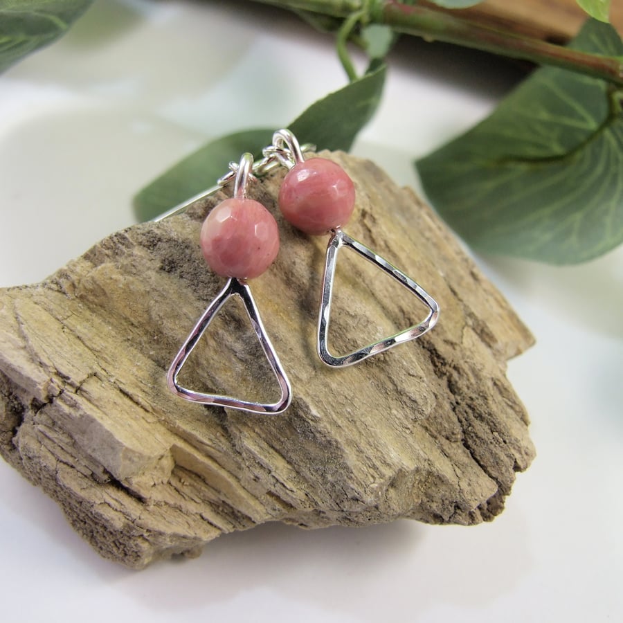 Earrings, Sterling Silver and Rhodochrosite Gemstone Droppers
