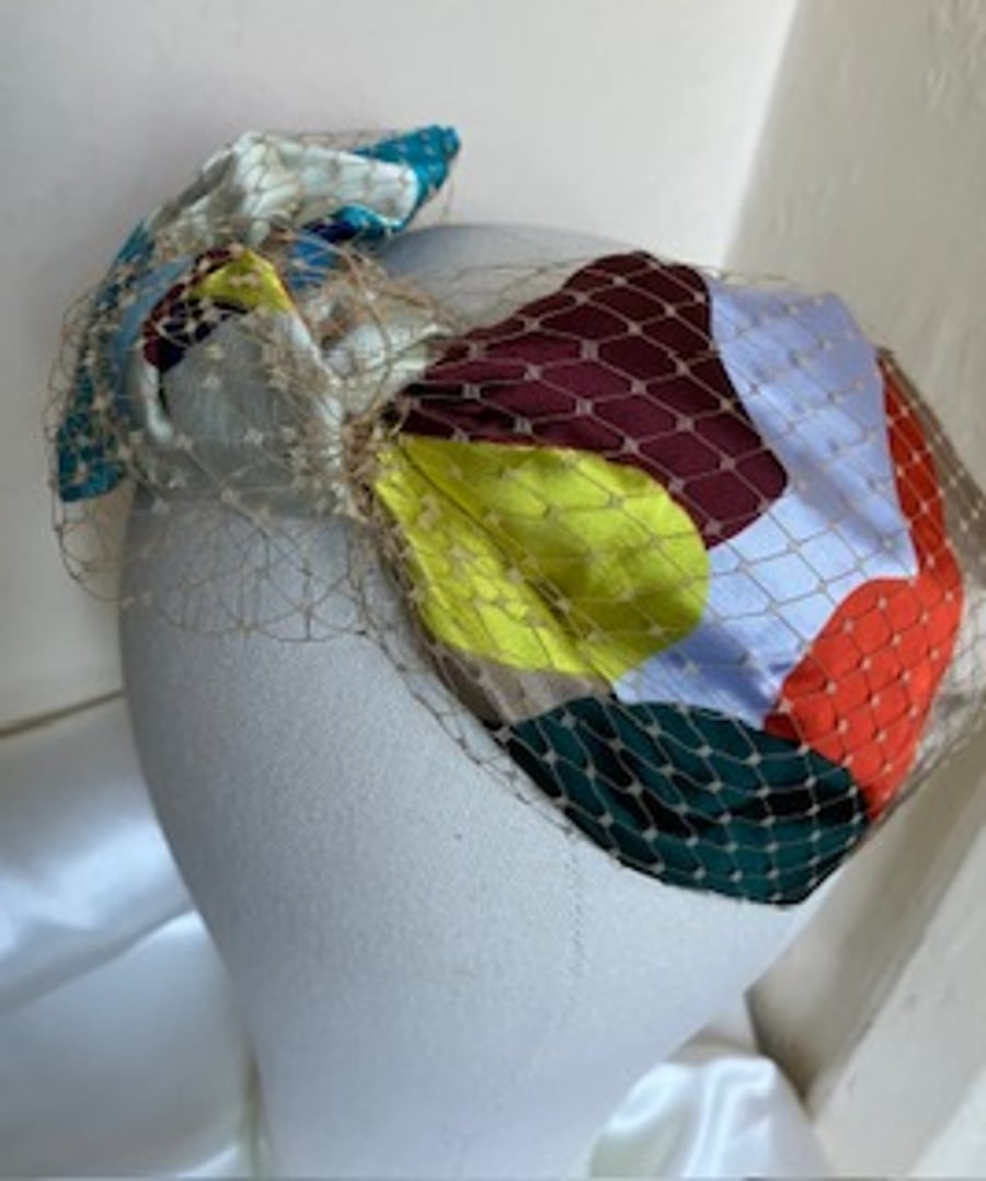 Hilda- Multi Print 40s Style Turban Headband with Latte Netting