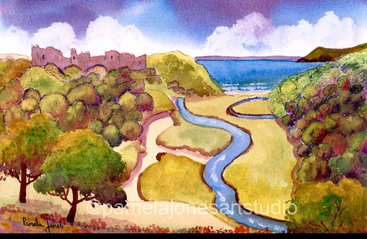 Pennard Castle, Gower, South Wales, Original Watercolour in 14 x 11'' Mount