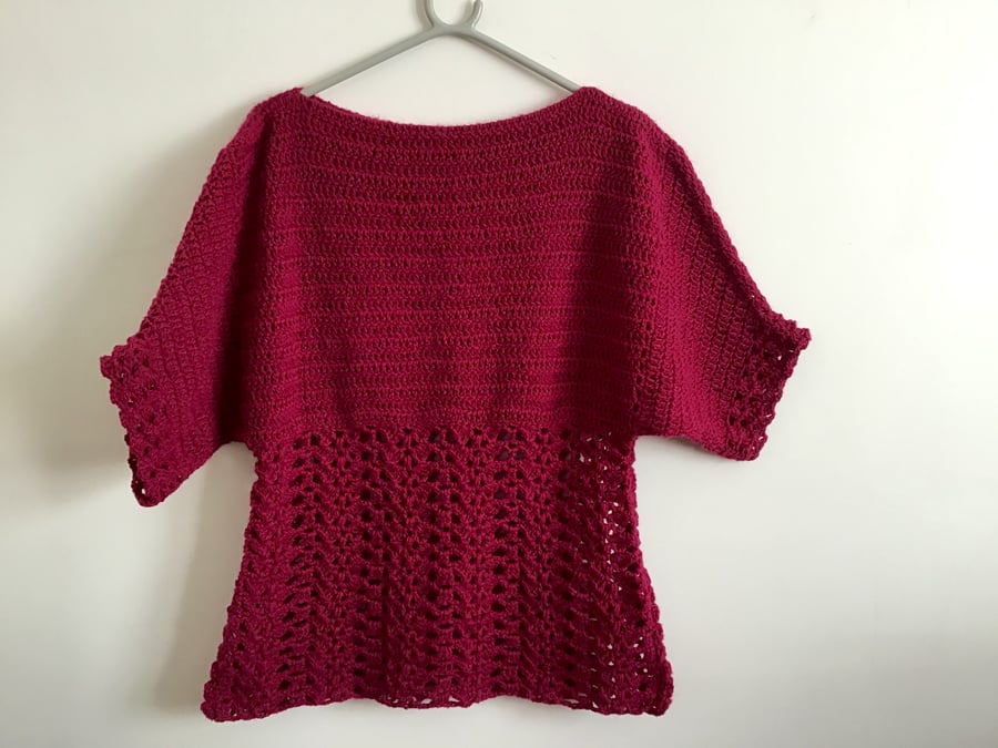 Lacey boat neck style blouse, maroon colour, size12, short sleeve.