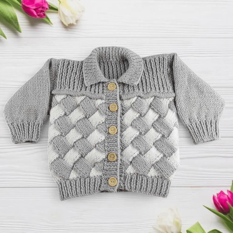 Baby Hand Knitted Cardigan Grey White, Woven Effect Knitted Jacket