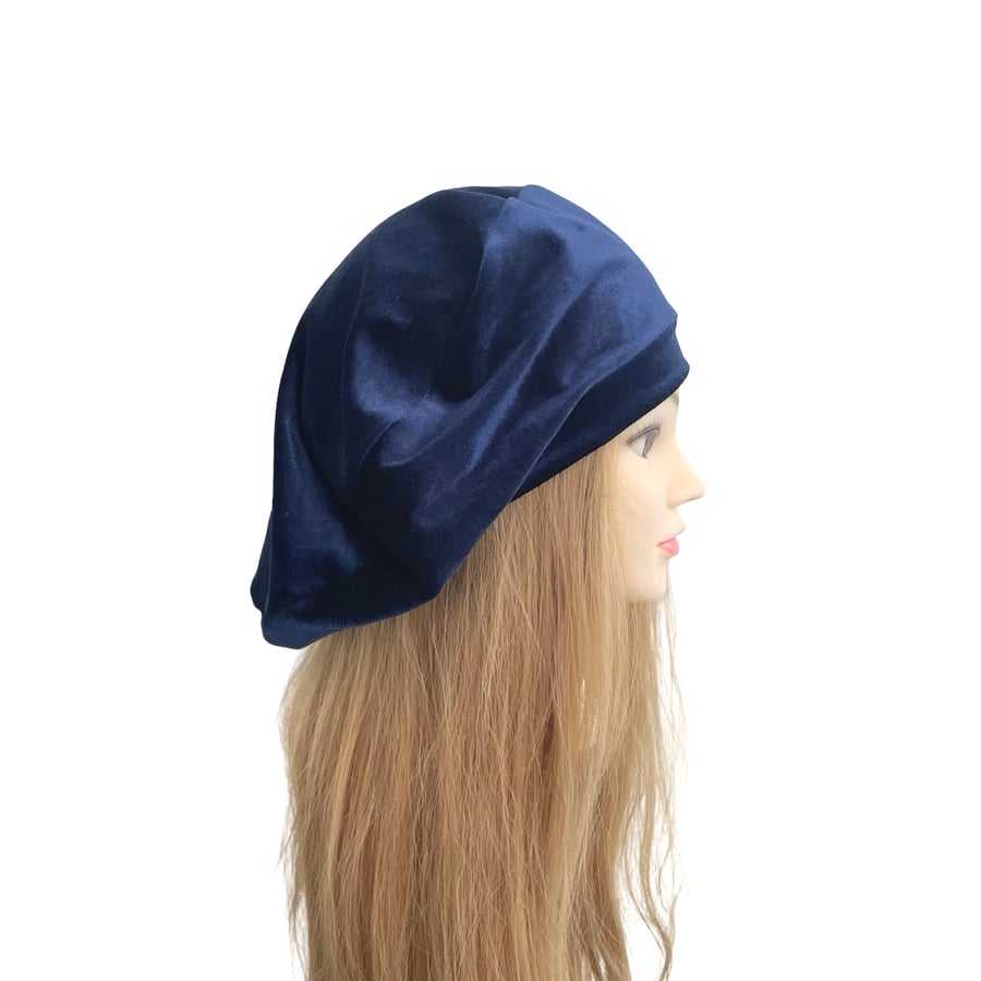 Navy Vintage Style Beret Hat for Women Luxury Stretch Velour Beret Cap