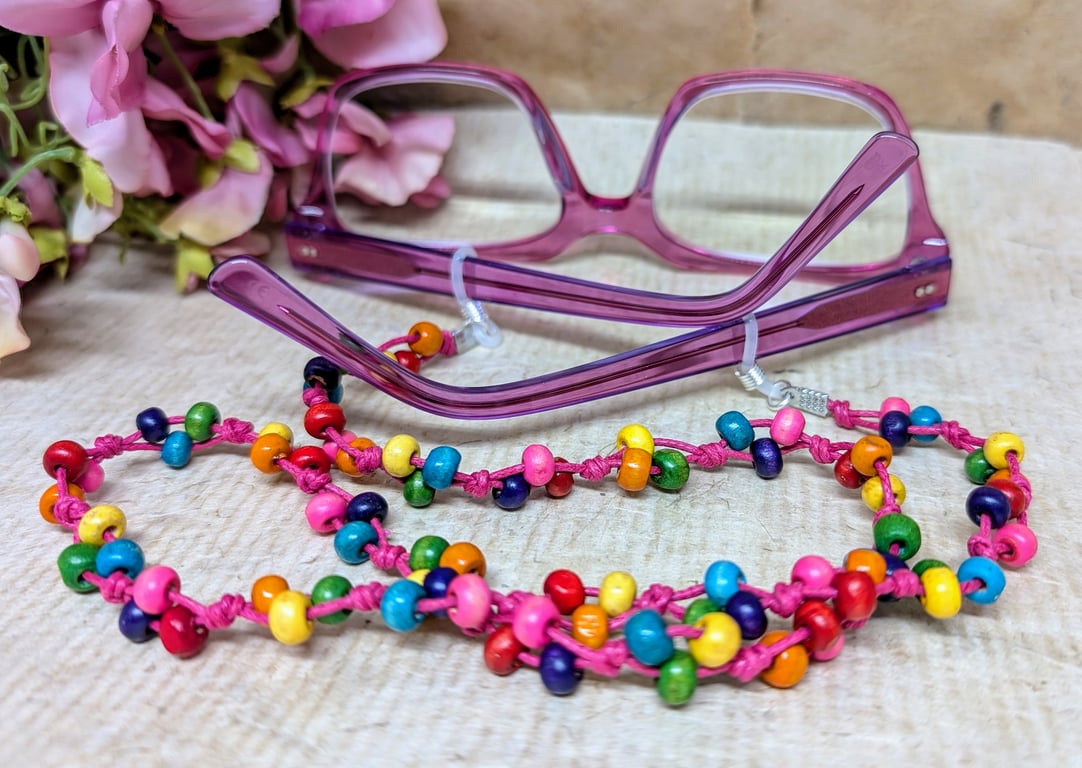 Glasses lanyard with rainbow wooden beads and pink cotton cord