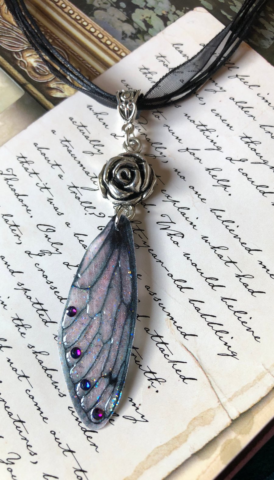 Purple Swarovski Dark Fairy Wing Rose Pendant