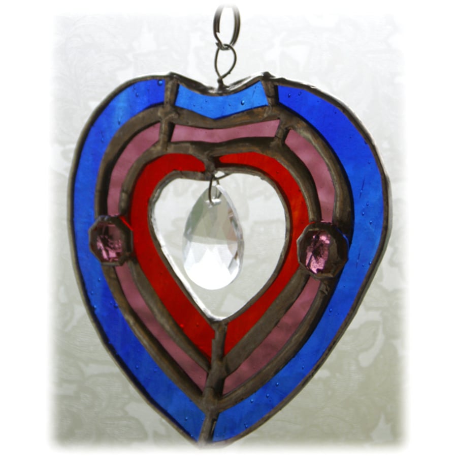 Concentric Hearts Stained Glass Suncatcher Teardrop Crystal drop 