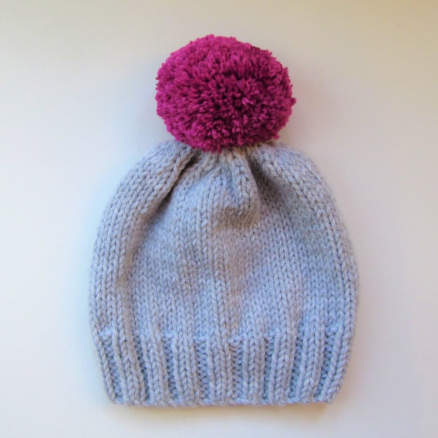 Bobble Hat in Pale Grey Chunky Yarn with Pink Pom Pom