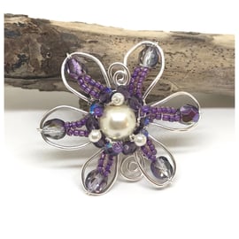 Purple Flower Brooch, Silver and Purple