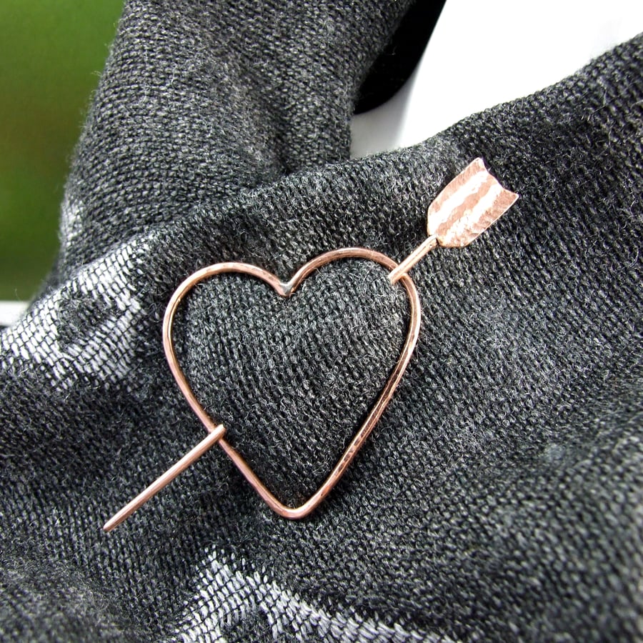 Shawl Pin, Copper Cupids Heart and Arrow