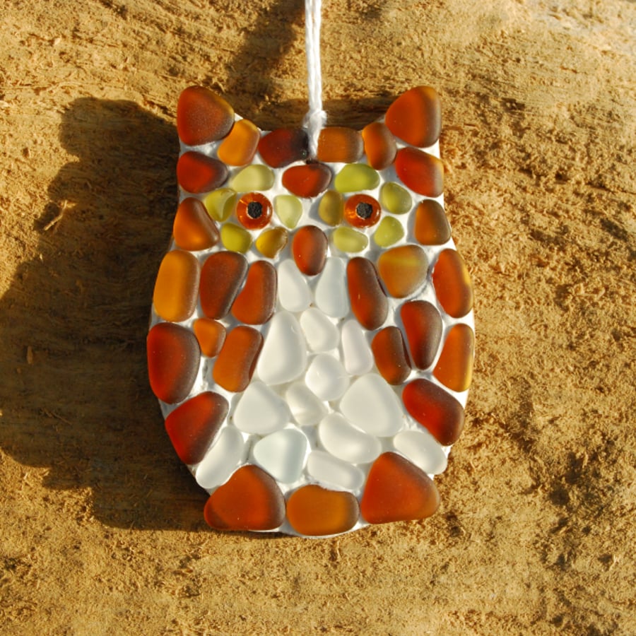 Owl beach glass mosaic hanger 