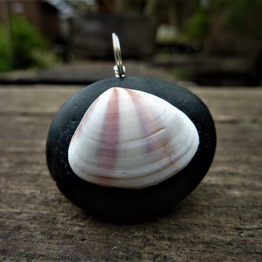 Pendant - stripey pink and white shell and black beach pebble