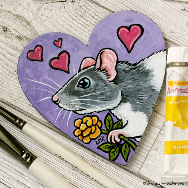 Fancy Rat Flower & Hearts - Hand Painted Heart Shaped Magnet