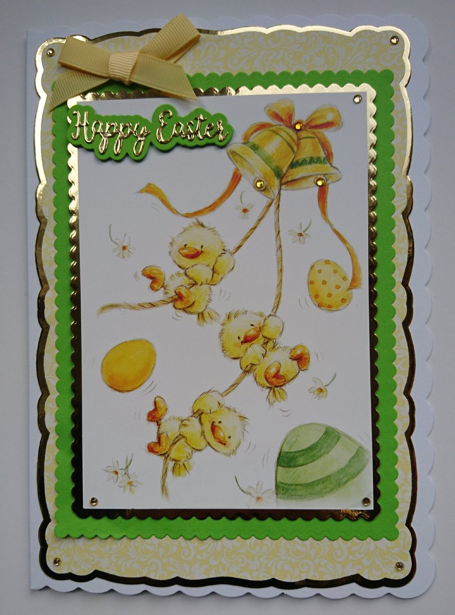 Happy Easter Card Cute Chicks Bells and Eggs 3D Luxury Handmade Card