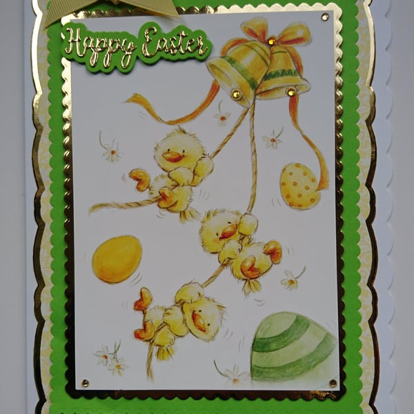 Happy Easter Card Cute Chicks Bells and Eggs 3D Luxury Handmade Card